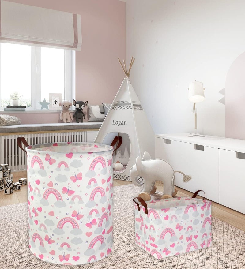 DDBASKET Pink Laundry Basket Girls Hamper Clothes Collapsible Toy Storage Bin Organizer with Handles for Kids, Baby,Nursery Hamper (Pink Rainbows) - Image 4